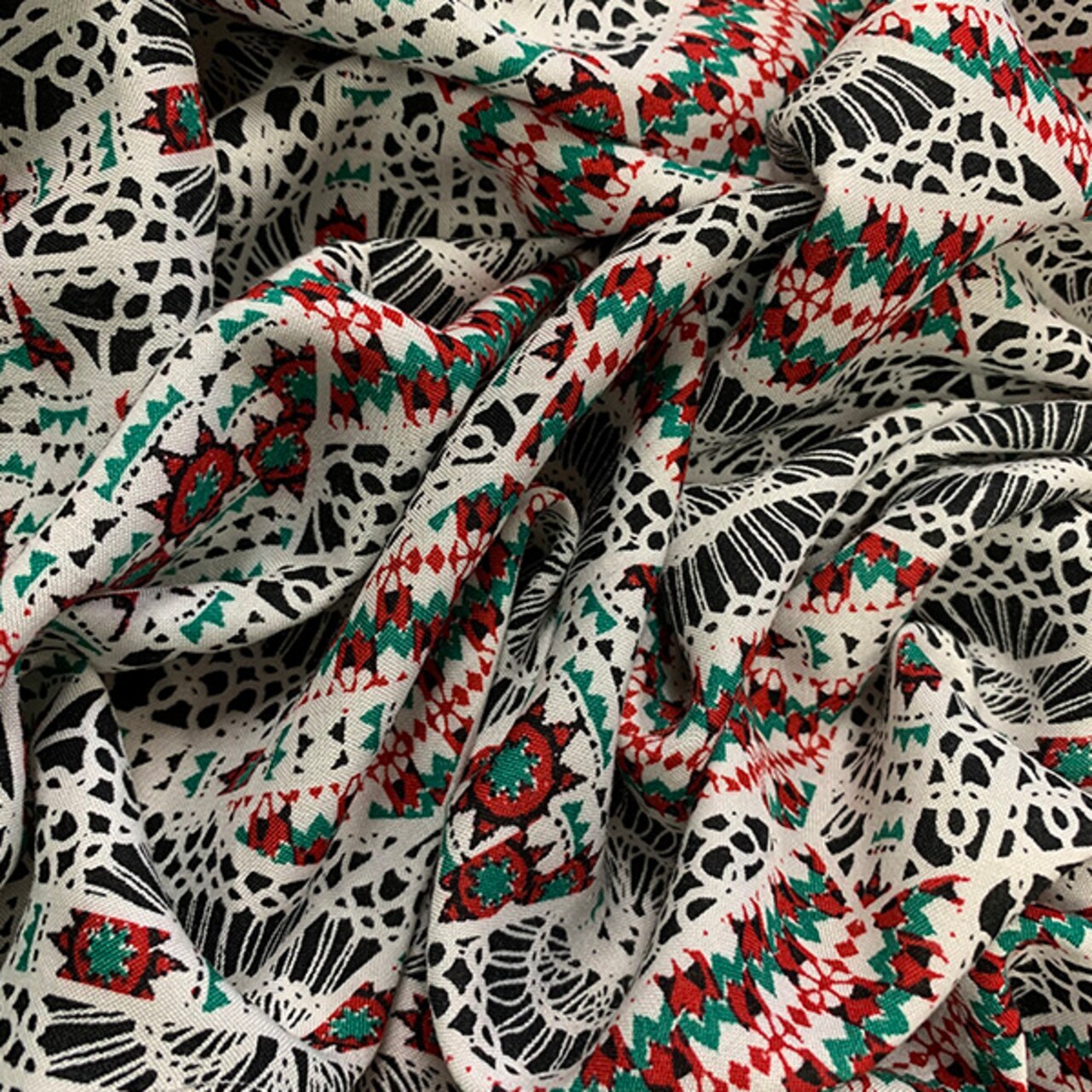 Red and Green Lace Look Print Rayon Challis Fabric By the Yard